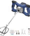 Boss Grade Heavy Duty Handheld Cement Mixer Portable Concrete Mixing Drill With 2100W Motor and attachments including gloves and tools.