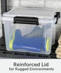 Three Pack 19 Quart Clear Plastic Storage Containers Featuring Bulletproof IP68 Waterproof Rating Kickass Silicone Gasket And Rock Solid Latches For Hella Reliable Outdoor Gear Organization And Smooth Carry with blue boots inside.