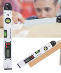 Pro Grade Digital Inclinometer Level 360 Degree Range Angle Finder With Bright Backlit Display for precise angle measurements on wood.