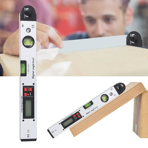 Pro Grade Digital Inclinometer Level 360 Degree Range Angle Finder With Bright Backlit Display for precise angle measurements on wood.
