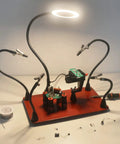 Pro Soldering Helping Hands Station With Magnetic Third Hand, 3X Magnifier Lamp, Four Soldering Arms, Large PCB Clamp Holder
