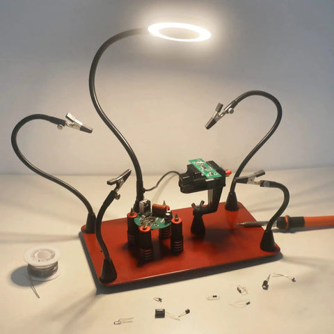 Pro Soldering Helping Hands Station With Magnetic Third Hand, 3X Magnifier Lamp, Four Soldering Arms, Large PCB Clamp Holder