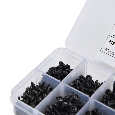 300 Pcs Self Tapping Screws Cross Pan Head Set In Carbon Steel M3 Black With Sturdy Storage Box, Grab And Go DIY Essentials