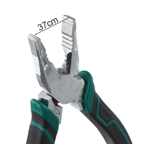 Close-up of jaws and handle of 9 Inch All In One Pliers For Electricians And DIYers That Cut Strip Crimp And Twist Like A Pro