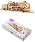 Box and assembled 3D Wooden Steam Train Building Set For Adults With Wind Up Mechanical System And Track Rubber Band Powered Locomotive Kit.