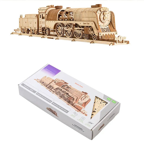 Box and assembled 3D Wooden Steam Train Building Set For Adults With Wind Up Mechanical System And Track Rubber Band Powered Locomotive Kit.