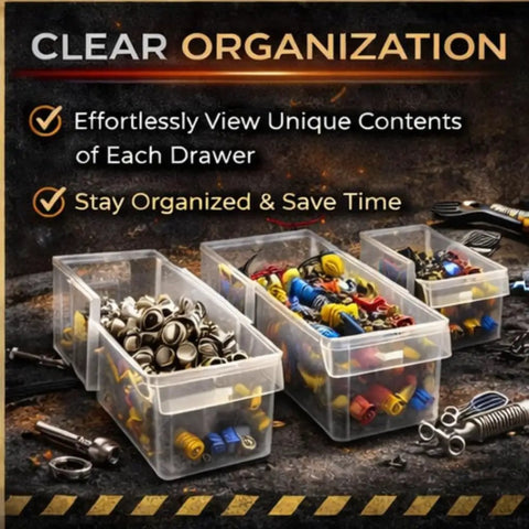 Heavy Duty Drawer Cabinet Organizer With 39 Drawers And 9 Clear Bins, showcasing small parts organized in clear bins.