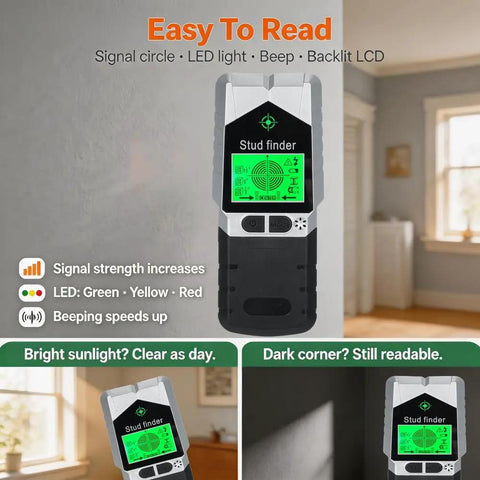 6 in 1 Stud Finder Wall Scanner-Electronic Stud Detector with Magnetic Sensor,LCD Display&Sound Alarm for Wood,Metal,AC Wire,Pipe Detection,3 Depth Modes-Black with clear backlit display and signal indicators.