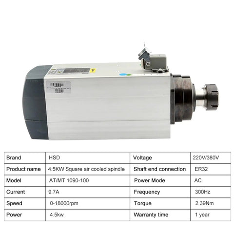 No Nonsense Shop Grade 4.5Kw Square Air Cooled Spindle Motor With Er32 Collet Mounting For Cnc Router Table Milling And Wood Engraving 18000Rpm Low Noise 380V side view with technical specifications.