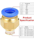 Pneumatic Air Connector Fitting Kit With 10mm 12mm 14mm 16mm Sizes M5 Thread 3/4 Inch And 1/2 Inch Two Way Hose Connectors Pipe Fittings Set 20 Pieces For DIY Projects And Air Lines brass push-to-connect fitting with blue release ring and size chart