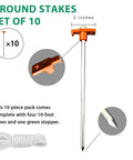 Heavy Duty Galvanized Tent Stakes Ten Pack: Rust-Proof Steel Canopy Anchors For High Winds with orange stopper and ropes