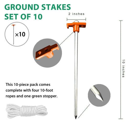 Heavy Duty Galvanized Tent Stakes Ten Pack: Rust-Proof Steel Canopy Anchors For High Winds with orange stopper and ropes