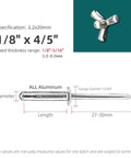 100 Pieces Aluminum Tri-Fold Blind Rivets Set, 1/8 By 4/5 Inch, anti rust, shown with dimensions and material details.
