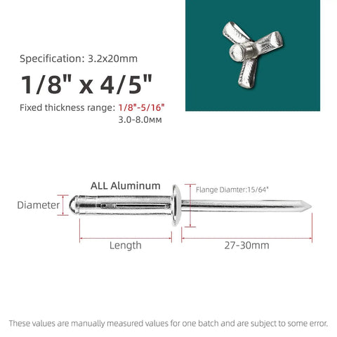 100 Pieces Aluminum Tri-Fold Blind Rivets Set, 1/8 By 4/5 Inch, anti rust, shown with dimensions and material details.