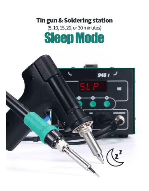Close-up of Digital Soldering Station With Hot Air Rework Temperature Adjustable LED Display, showing desoldering gun.