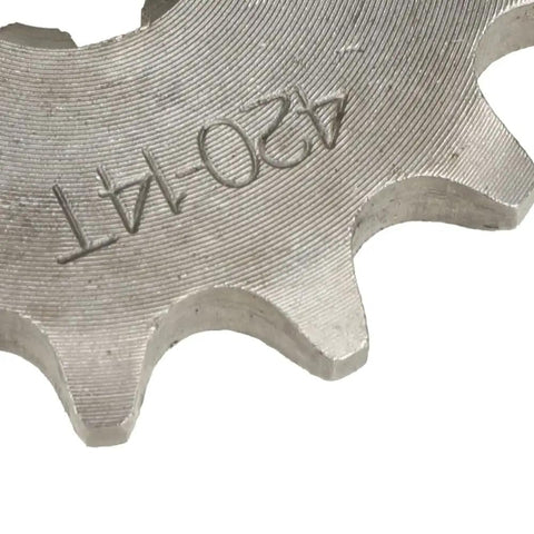 Close-up of steel 14 Tooth 420 Front Sprocket Fits 50cc 70cc 90cc 110cc 125cc 140cc 160cc Mini Bikes ATVs Dirt Bikes Go Karts