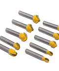 Knockout 100 Piece Router Bit And Chisel Set With 1/4 Shank showcasing 10 router bits with yellow accents for tongue groove trimming.