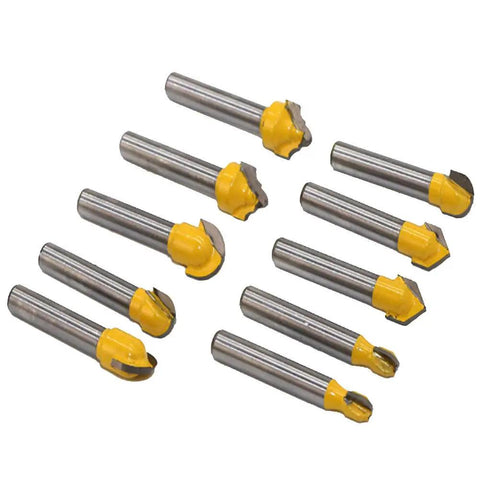 Knockout 100 Piece Router Bit And Chisel Set With 1/4 Shank showcasing 10 router bits with yellow accents for tongue groove trimming.