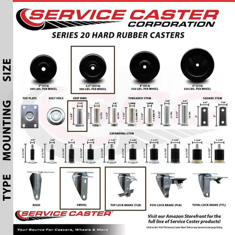 Hard Rubber Swivel Grip Ring Stem Caster Set Of 4 With 3.5 Inch By 1.25 Inch Black Wheels And 7/16 Inch Stems Includes 4 Top Lock Brakes