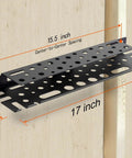 17 Inch Metal Wall Mount Hand Tool Organizer With Ultra Thin 1.4 Inch Depth showing dimensions and hole spacing on wall