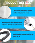 Heavy Duty EV Charger Plug Port Cover Featuring Hella Tough Weatherproof Polyester Build and Super Solid Magnetic Snap Protection for seamless electric car battery charging anywhere, showing durable polyester material.