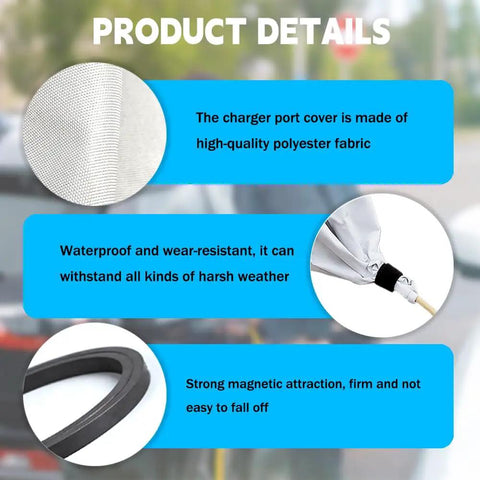 Heavy Duty EV Charger Plug Port Cover Featuring Hella Tough Weatherproof Polyester Build and Super Solid Magnetic Snap Protection for seamless electric car battery charging anywhere, showing durable polyester material.
