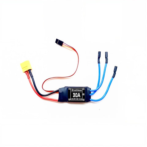 Front view of 30A Brushless ESC Motor Controller For RC Cars, Drones, And Helicopters With 30A Continuous And 40A Peak, XT60 plug visible.