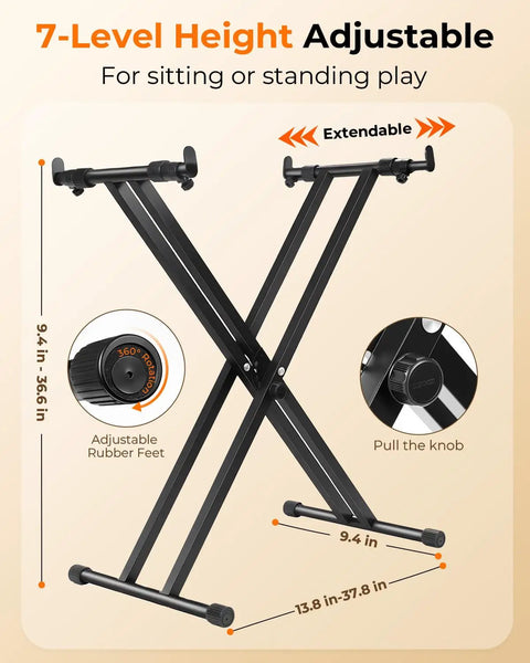 Rock Solid Keyboard Stand And Bench Set And Double X Piano Stand Seven Levels Adjustable Height Foldable Heavy Duty