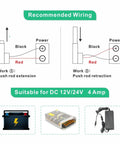 Wiring diagram for Heavy Duty DC 12V And 24V Linear Actuator, showing push rod extension and retraction instructions.