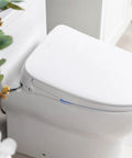 Top Shelf Elongated Bidet Toilet Seat Crisp White with adjustable nozzle and heated cushion in modern bathroom