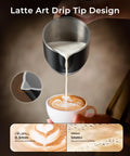 Pouring milk from 8 In 1 Milk Frother And Steamer With 21oz Capacity Detachable Design into a cappuccino cup for latte art