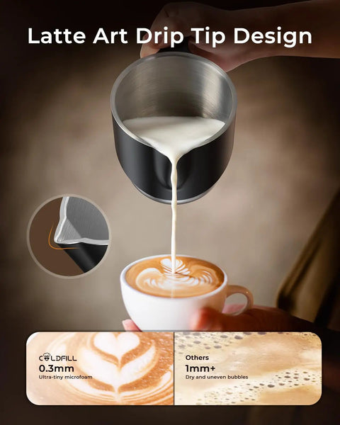 Pouring milk from 8 In 1 Milk Frother And Steamer With 21oz Capacity Detachable Design into a cappuccino cup for latte art