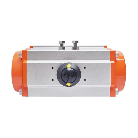 Heavy Duty Pneumatic Ball Valve Actuator Rigged For Precise 90 Degree Turns, featuring durable silver aluminum body with orange ends.