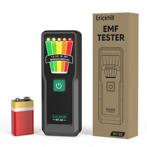 Handheld EMF Meter For Ghost Hunting And Home Use With 5 Level LED Alerts Detects EMF From Home Appliances WiFi Routers Power Lines And Industrial Machines 30Hz To 20kHz Range 0 To 20 mG Plus Or Minus 5 Percent Accuracy Compact Pocket Size, with battery and box