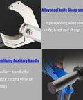 Close-up of alloy steel knife and stabilizing auxiliary handle on the 18V Battery Powered Hydraulic Wire Cutter with LED Display.