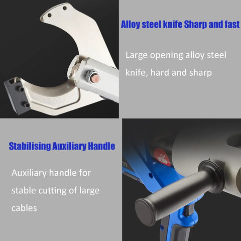 Close-up of alloy steel knife and stabilizing auxiliary handle on the 18V Battery Powered Hydraulic Wire Cutter with LED Display.