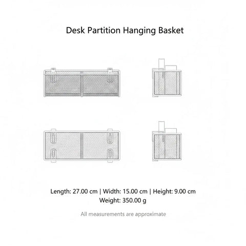 Cubicle Friendly Hanging Basket Organizer For Office Desk Essentials 1 Piece shown with dimensions and design details