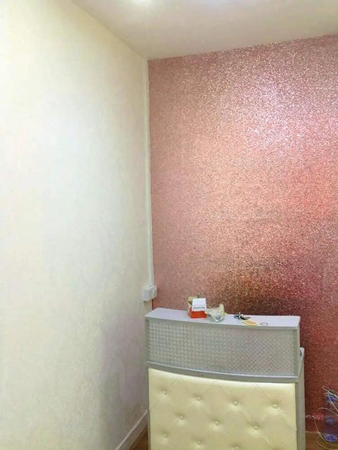 Rose Gold Chunky Glitter Self Adhesive Peel And Stick Wallpaper For Walls And Surfaces in a corner room installation