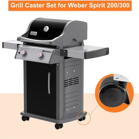Built Tough Locking Caster Wheels For Weber Spirit 200 And 300 Series Grills, showing black plastic wheels for easy grill movement.
