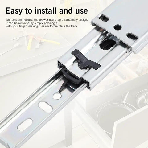 Detailed view of the Two Pack Five Inch Soft Close Drawer Slides Featuring Heavy Duty Steel Rails with snap disassembly design.