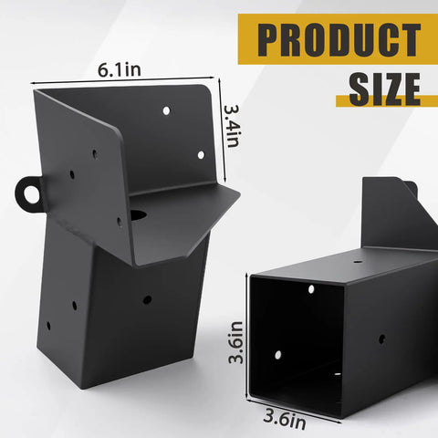 Four Piece Trail Tough Heavy Duty Steel Deer Stand Brackets For 4x4 Posts Rock Solid Hunting Setup Reinforced Bearing Supports Heavy Load Capacity Camp Accessories, showing dimensions 6.1in x 3.4in and 3.6in x 3.6in.