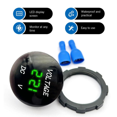 Slick Dual Voltage Car Voltmeter Gauge With LED Digital Display Waterproof Panel Mount Battery Monitor For 12V 24V Vehicles Boats And Marine Vessels Easy Read Voltage Indicator For Cars Trucks Marine Rigs, round panel with bezel and connectors