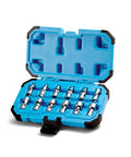 Open blue case with 1/4 Inch Drive Universal Socket Set, 5-15 Millimeter Metric, 12-Piece, 360 Degree Rotating Sockets, Chrome Vanadium Steel