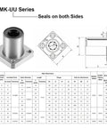 Diagram of LMK8UU 8mm Linear Ball Bearings Double Sealed Flange Bushing for 8mm Linear Shafts with dimensions and specs table.
