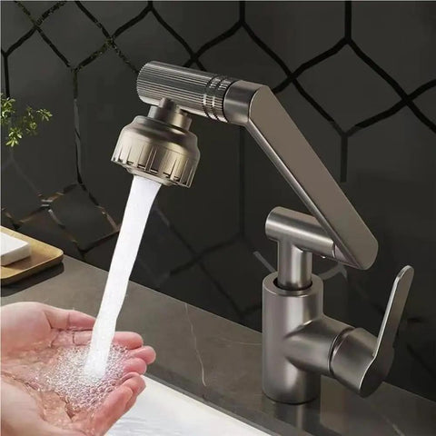 UHRLGHS 360°Swivel Kitchen Faucet with Robotic Arm Dual Mode Soft Bubble & Shower Adjustable Flexible Design Modern Gray Finish for Easy Cleaning & Versatile Use,Black pouring water into a hand.