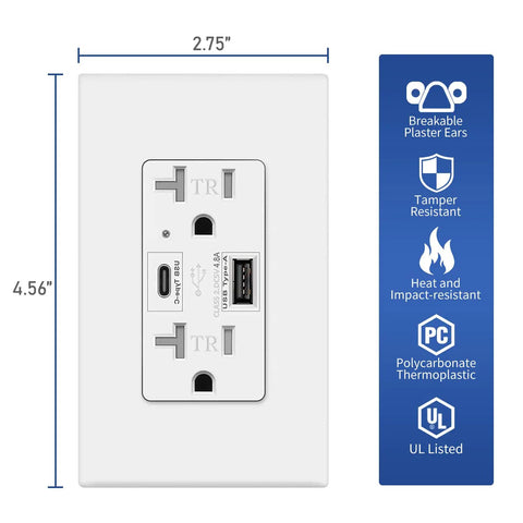 Turbo Fast Charge USB C Outlet With 24W Power Delivery And USB A Dual Port Receptacle 125 Volt 20 Amp Tamper Resistant