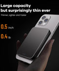 Magnetic Portable Charger With 10,000mAh Ultra Slim 0.5-Inch Design, 20W Fast Charge Power Bank on iPhone indicating thin size