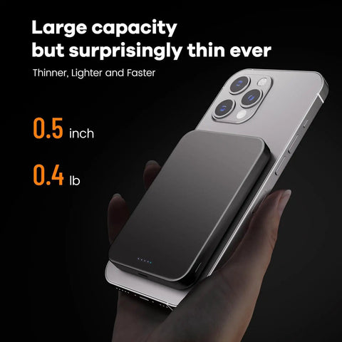 Magnetic Portable Charger With 10,000mAh Ultra Slim 0.5-Inch Design, 20W Fast Charge Power Bank on iPhone indicating thin size