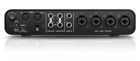 Rear view of USB-C 6x4 Audio Interface with pro-grade studio-quality sound showing line and mic inputs, ESS Sabre32 DAC connections.