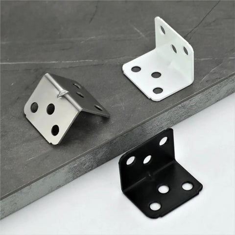Rock Solid Heavy Duty L Brackets No Sweat Assembly Furniture Hardware Pack with black, white, and silver metal L shaped corner supports.